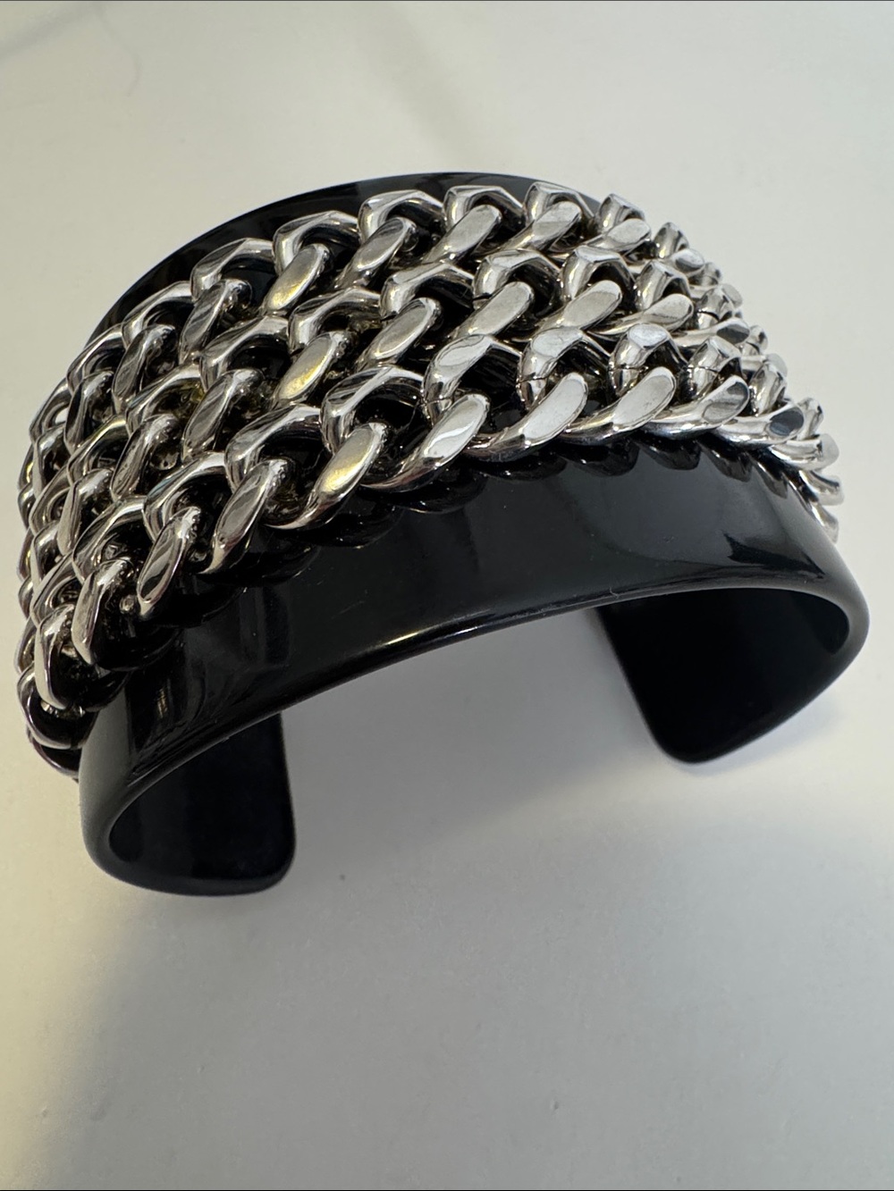 Black Cuff Bracelet with Silver Chain Detail - Women Jewelry Bracelets